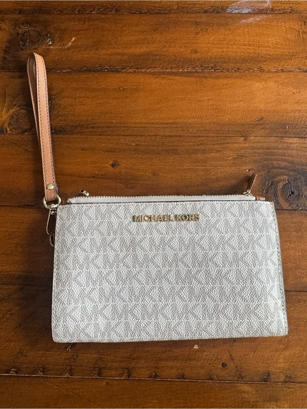 Michael Kors Silver and Tan Logo Wristlet Clutch
